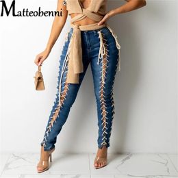 Jeans Sexy Side Lace Up Blue Ripped Hollow Skinny Indie Jeans Street Women Push Up Butt Bandage Distressed Denim Pencil Pant