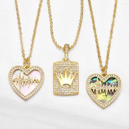 Pendant Necklaces Elegant Gold Plated Shell Heart ECG Charm Necklace Copper Inlaid Zirconia Square Crown Pattern Choker Neck Jewelry Gift