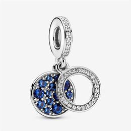 100% 925 Sterling Silver Sparkling Blue Disc Double Dangle Charms Fit Original European Charm Bracelet Fashion Women Wedding Engag273J