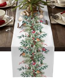 Table Runner Christmas Eucalyptus Berries Robin Table Runner Xmas Linen Table Flag Cover Home Decorations Navidad Noel Gifts Tablecloth 231216