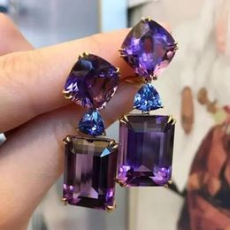 Dangle Chandelier Luxury Square Purple Cubic Zirconia Crystal Earrings for Women FashionExquisite Fashion Gold Color Wedding Jewelry 231216
