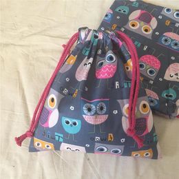 YILE Bag Fabric Twill Purpose Pouch Cosmetic Drawstring Gift Cotton Base Party Handmade BagPrint Cup Owls Grey Multi N630d Rvekf302v