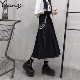 Dresses High Waist Loose Aline Cargo Skiets Chain Side Ring Pocket Midi Long Black Skirt Korean Hip Hop Streetwear Haruku Oversize