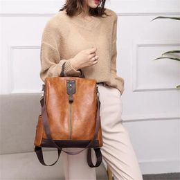 School Bags 3 In 1 Retro Backpack Women PU Leather For Teenage Girls Anti-theft Ladies Shoulder Simple Travel