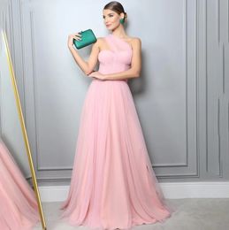 2024 New Arrival Pink Evening Pageant Dress One Shoulder Pletas A-line Tulle Formal Prom Party Gowns Women Robe De Soiree vestidos de fiesta