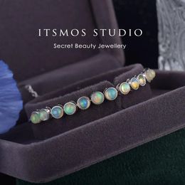 Bangle ITSMOS Natural Blue Green Opal Silver Bracelet s925 Sterling Silver Pendant Round Bangle Classic Jewelry for Women Special Gift