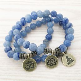 SN1108 High Quality Handmade Bracelet Blue Aventurine Bracelet Antique Brass Om Buddha Lotus Charm Bracelet Gift For Him207R