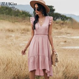 Sweaters Fashion Sleeveless Midi Dress Women Summer 2022 Hollow Out Ruffle Pink Lace Slim Elegant Dresses Casual Ladies Clothes Vestidos