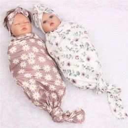 Blankets 3pcs Born Baby Floral Print Knotted Beanie Hat Bowknot Headband Set Infant Receiving Blanket Gifts