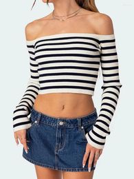 Women's T Shirts Long Sleeve Off-shoulder T-shirt Backless Striped Slim Fit Ladies Crop Top Women Spring Fall Ribbed Knit