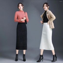 Skirts Autumn Winter Plaid Wool Mid-length Skirt For Women Woollen Office Ladies High Waist Straight Bodycon Elegant T108