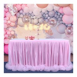 Table Skirt Accessories Sweets Decoration Birthday Skirt Table Wedding Rainbow White Pink Baptisms Round Party Blue Colorful Tulle Pompoms 231216