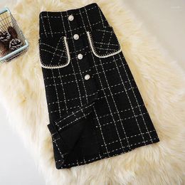 Skirts Woollen Plaid Skirt Female Winter High Waist Pocket Split Mid-length Office Korean Autumn Spring One-step Women