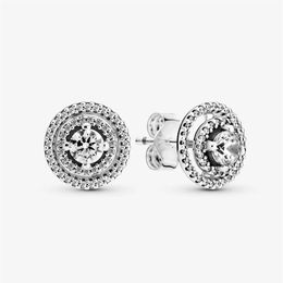 Authentic 100% 925 Sterling Silver Sparkling Double Halo Stud Earrings Fashion Wedding Jewellery Accessories For Women Gift282N