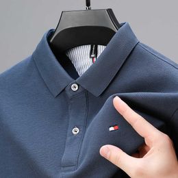 American Long Sleeved Polo Shirt for Men in Spring and Autumn New Collar Pearl Cotton Base T-shirt with Embroidery Middle-aged Young People B4H2