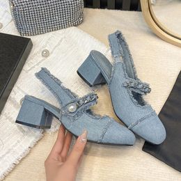 Dress Shoes Denim High Heels Mary Jane for Women Elegant Blue Pumps Pearl Metal Chain Decor Heeled Sandals Lolita Ladies 2023 231216