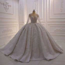 Stunningbride 2024 Luxury Ball Gown Wedding Dresses Buttons Lace Up Lace 3DFlower Beads Floor Length Long Sleeved Bridal Gowns with Chapel Train