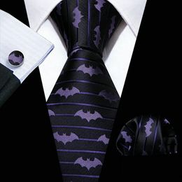 Neck Ties Novelty Silke Men Fashion Purple Bat Design Woven Ncektie Handkerchief Cufflinks Set Wedding Party Gifts BarryWang FA6210 231216