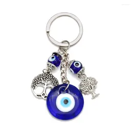 Keychains 6pcs Bohemia Turkish Evil Eye Key Rings Tree Of Life Charm Keychain Pendant With BULE BEAD Crystal Chains