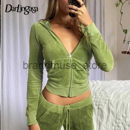 Women's Two Piece Pants Darlingaga Vintage Fashion Green Velour Autumn Tracksuit Women Zip Up Hoodie and Pants Suits Two Piece Set Workout Solid Outfits J231216