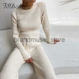 Women's Two Piece Pants FSDA 2020 Women Set Sweater Top Long Sleeve And Biker Pants Autumn Winter White Casual Two Piece Set Warm Outfits Knitted J231216