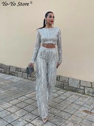 Womens Two Piece Pants Fashion Beaded Tassel Long sleeved Set for Silver Bright Silk ONeck Crop Top Wide Legged Autumn 231216