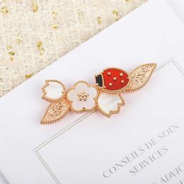 Top Quality Luxury Brand Pure 925 Silver Jewellery Lovely Ladybug Lucky Spring Design Cherry Leaf Mother Of Pearl Gemstone Brooch257Q