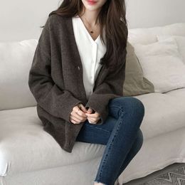 Y2K New Retro Cardigan College Autumn and Winter Trend Casual Joker Loose V-neck Sweater Lazy Wind Jacket Woman Top