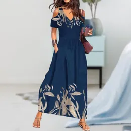 Casual Dresses Women Summer Dress Short Sleeves Long V Neck Big Hem Dress-up Pleated Off Shoulder Soft Maxi Clothes