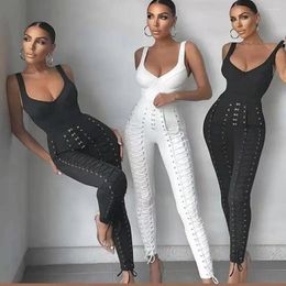 Stage Wear Birthday Outfit Women Black White 2 Pieces Set Sexy Side Criss Cross Rayon Bandage Full Length Party Fashion