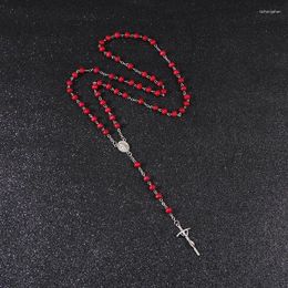 Pendant Necklaces KOMi Design 6mm Bead Red Wooden Handmade Cross Rosary Necklace Religious Jesus Catholicism Jewellery R-199