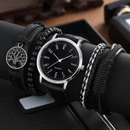 Wristwatches 5pcs Black Quartz Watches Bracelet Men Business Casual Round Watch Life Tree PU Leather Bracelets Sets 231216