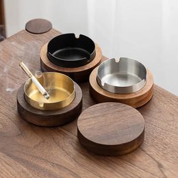 1pc Ashtray, Wood Ashtray With Lid, Household Anti-Fly Ash, Anti-Smoke Anti-Drop Ashtray, Solid Wood Ashtray With Stainless Steel Liner