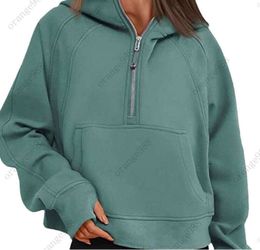 1lululemens-43 Autumn Winter Yoga Suit Scuba Hoodie Half Zip Womens Sports Sweater Loose Gym Jacket Fitness Short Plush Coat Sweatshir yy
