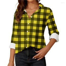 Women's Blouses 2024 Spring Shirt Fashionable Casual Elegant Office Flip Collar Chequered Printed Long Sleeve Button Cardigan