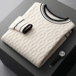 Men's Sweaters Autumn And Winter Merino Wool O-neck Sweater Black White Stripes Contrast Thick Knit Bottoming Shirt