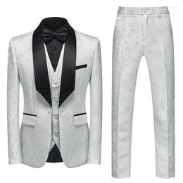 Men's Suits Lansboter White Men Suit 3 Pieces Set Jacquard Fabric With Black Lapel Business Slim Fit Evening Wedding Groom Jacket Vest Pants