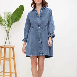 Casual Dresses Women Mini Dress Solid Colour Lapel Collar Classic Single Breasted Loose Fit Vintage Lantern Sleeve Daily Outfit