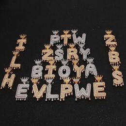 Hip Hop Custom Crown Bail Drip Initial Letters Pendant Necklace Micro Pave Cubic Zirconia Men Women Jewelry1940