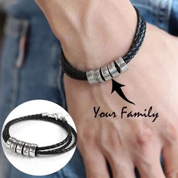 Charm Bracelets Personalised Family Names Men Bracelet with Custom Beads Black Multilayer Leather for Father's Day Jewellery 231215