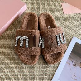 Trendy Brand Slippers MM Rhinestone Plush Slippers Winter Flat Home Shoes