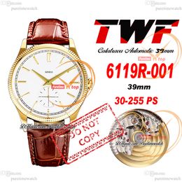 TWF Calatrava 6119R PP30-255 Automatic Mens Watch 39mm Yellow Gold Fluted Bezel White Stick Dial Brown Leather Strap Super Edition Watches Reloj Hombre Puretime C3