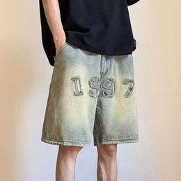 Vintage Y2K Fashion Jeans Make Old Denim Shorts Men Summer American High Street Loose Wide-leg Pants Straight Pant