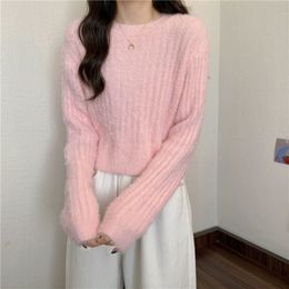 Women s Sweaters Korean Fashion Cropped Sweater Pink Furry Solid Pullover O Neck Knit Autumn Winter Long Sleeve Jumper Y2k Clothes 231215