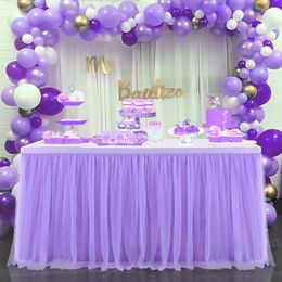 Table Skirt 4FT/6FT/9FT Purple Tulle Table Skirt Wedding Party Tutu Tableware Cloth Baby Shower Gender Reveal Birthday Party Home Decoration 231216