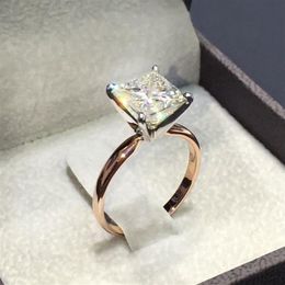 1 Pcs New Gold Color Square Shape Ring Princess Cut Stamp For Women Pave Zircon Stone Wedding Jewelry Inlaid Rings230z