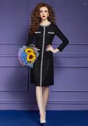 Casual Dresses Autumn Winter Luxury BeadingTweed Woollen Dress For Women Elegant Long Sleeve Sequined Black Vintage Party Vestido Plus Size