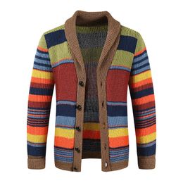 Mens Sweaters winter mens cardigan sweater jacket polo collar Colour block knitted rainbow clothing designer top 231215