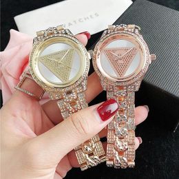 Brand Watches Women Lady Girl Diamond Crystal Triangle Question Mark Style Metal Steel Band Quartz Wrist Watch GS 43247v