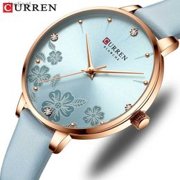 Women's Watches CURREN Watches Women Brand Leather Quartz Wristwatches Luxury Design Clock for Ladies Charm Flowers Dial Montre FemmeL231216